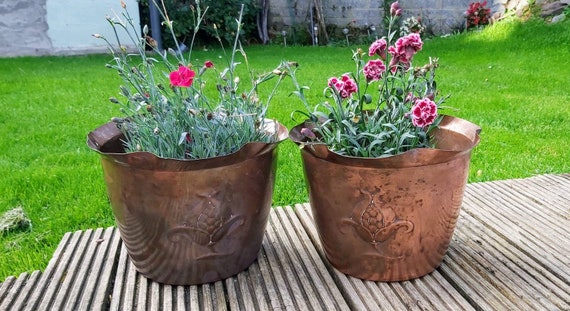 Antique Art Nouveau Copper Jardiniere Pair: Joseph Sankey, English