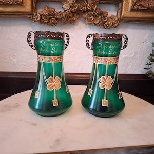 Antique Pair of Green Art Nouveau Vases with HandCrafted Brass accents