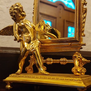 Antique French Gilt Bronze Table Top Mirror Winged Putti as Artist with Palette