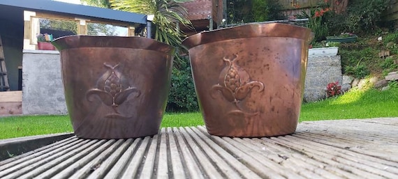 Antique Art Nouveau Copper Jardiniere Pair: Joseph Sankey, English