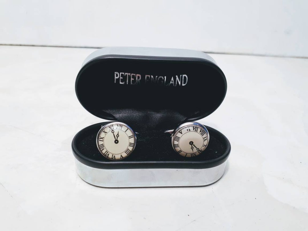 Vintage Style Peter England Cuff Links With Roman Numeral Clock - Main Image