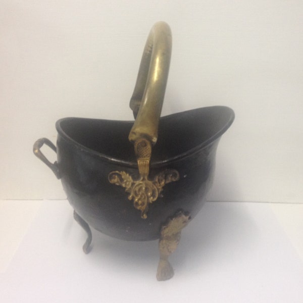 Vintage Brass Coal Scuttle or Ash Bucket with three feet painted black