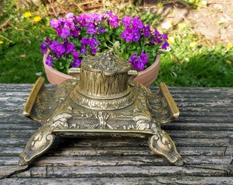 Antique Square Ornate Brass Inkwell  - beautifully embossed