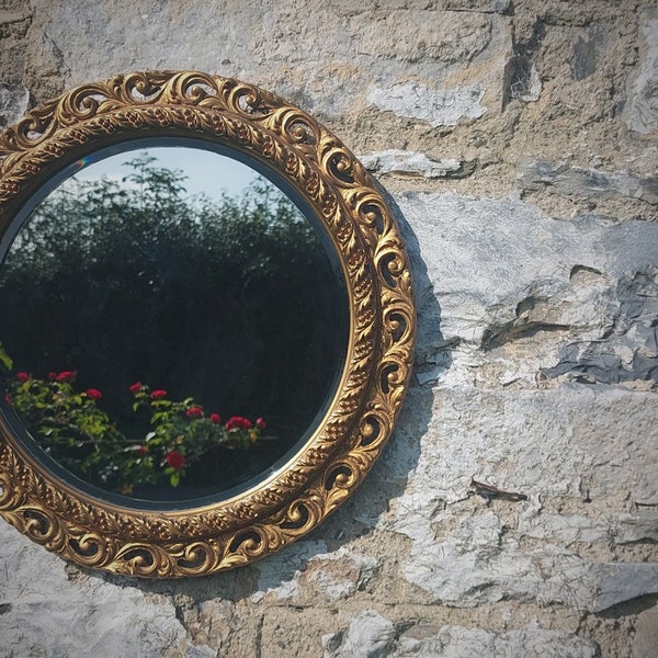 Vintage Gold Highly Decorative Ornate Wooden Circle Mirror with Oringal Label