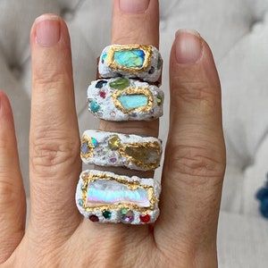 Chunky Cement Copper Rings Labradorite Ring Wide Band Rings Sparkly Ring Unique Statement Ring Boho Artisan Ring White Ring Concrete Ring