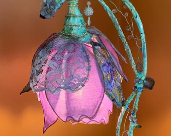 Lilac Flower Lamp Crystal Light Artisan Floral Accent Light purple Pink Blue