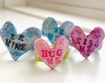 Fun Valentines Ring Cute Heart Ring Conversation Heart Ring Resin Ring Kiss Me Hug Me Be MIne