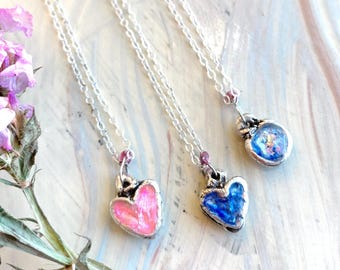 Two sided Layering Heart Necklace Round Charm Fine Silver Handmade Delicate Sweetheart Valentines Gift
