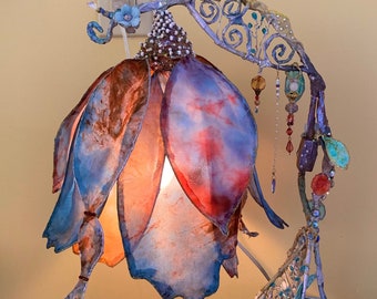 Blue Earth Bell Flower Lamp Pink Opal Beaded Artisan Lamp Flower Lamp Flower Light Blue Lamp