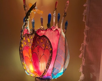 Golden Monarch Butterfly Lily Flower Table Accent Lamp Fairy Light Magical Colorful Lamp Fairytale Light Silk Nightlight