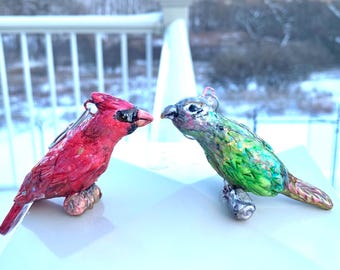 Bird Ornaments Cardinal Parrot Red Green Handmade Bird Decorations