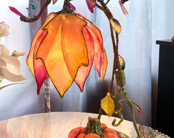 Pumpkin Flower Lamp Orange Fall Flower Lamp Ornate Vine Light Fairy Room Lighting Woodsy Artisan Elvish Lamp Accent Nightlight