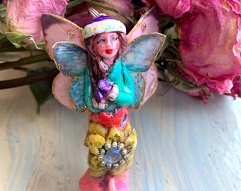 Sweet Winter Fairy Ornament Fairy Room Sculpture Fae Decor Handmade Faery Butterfly