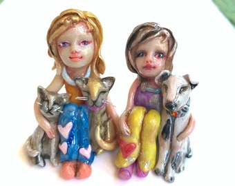 Cat Figurine Dog Figurine Cat and Girl Ornament Dog and Girl Ornament Tiny Miniature Ornament
