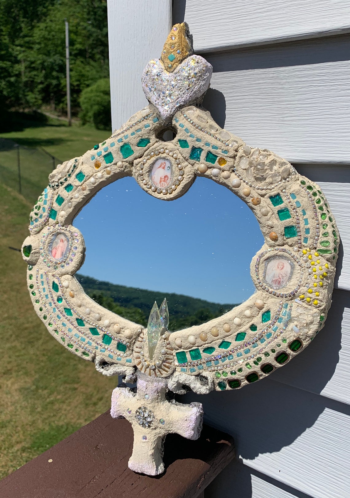 Guardian Angel Mirror Cross Mirror Rustic Concrete Spiritual Etsy