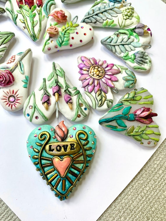 Blue Flower Pendant Garden Theme Soft Heart Pendants  Clay Heart Necklace