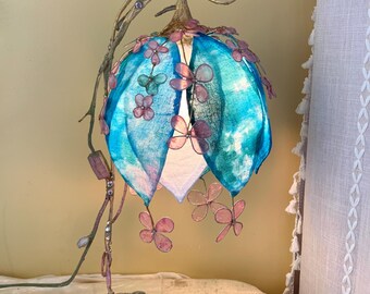 Cherry Blossom Lamp Spring Blue Flower Lamp Fairy Light Blue Pink Elvish Lamp Magical Light Rustic Handmade Lamp