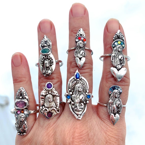 Rustic Sacred Rings Mother Mary Ring Dainty Silver Old World Ring Spiritual Ring Catholic Ring Artisan Ring Old Looking Ring Unique Ring