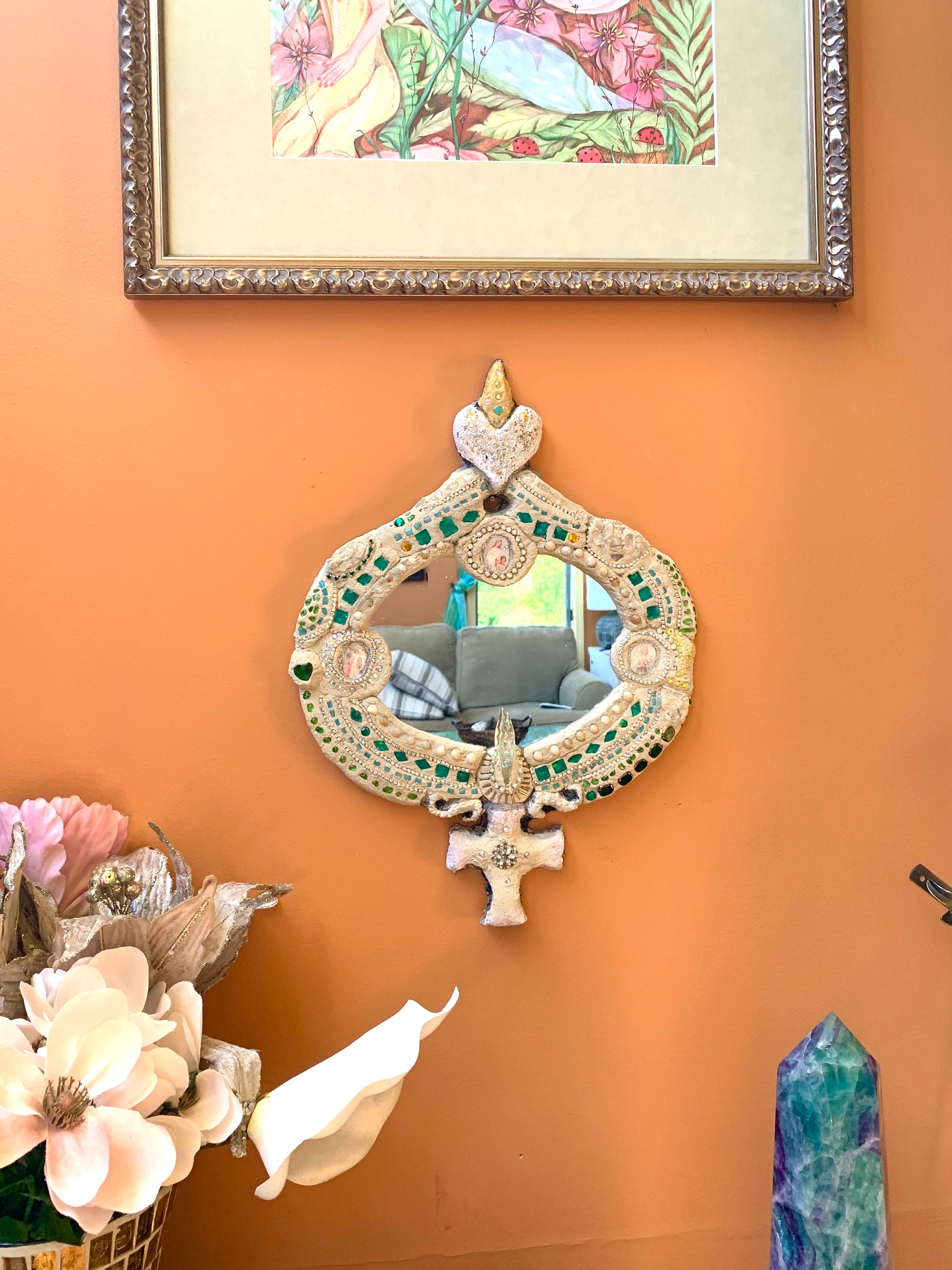 Guardian Angel Mirror Cross Mirror Rustic Concrete Spiritual Etsy