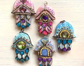 Colorful Hamsa Pendant Clay Hamsa Unique Hamsa Pendant Hamsa Ornament Statement Hamsa Necklace