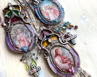 Large Sacred Necklaces Saint Michael Mother Mary Jesus Necklace  Wall Hangings Artisan Jewelry Religious Jewelry One of a Kind Unique