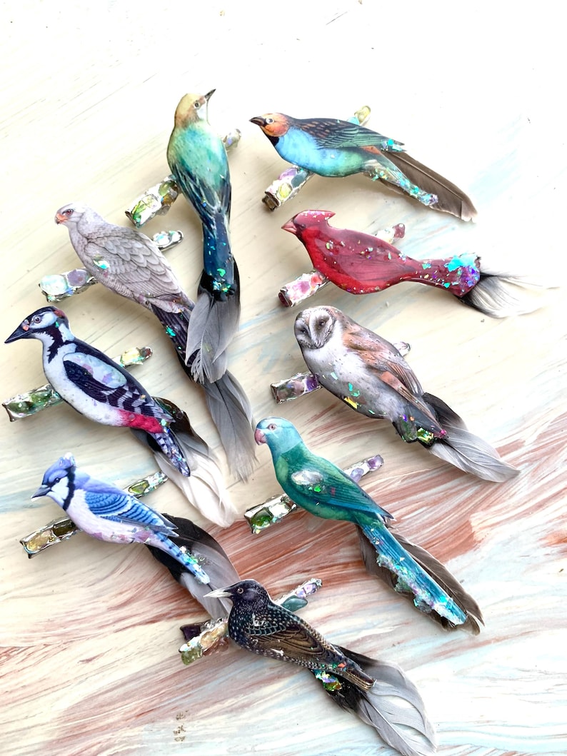 May include: A collection of eight bird-shaped hair clips featuring various species including a cardinal, blue jay, and owl. Each clip is adorned with iridescent glitter accents and real feathers attached to the tail, mounted on a small branch-like base.