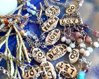 Tiny Charm Necklace Word Necklace Mixed Metal Necklace Bead Necklace Love Necklace Bless Necklace Peace Necklace Hope Joy Let Go Let God