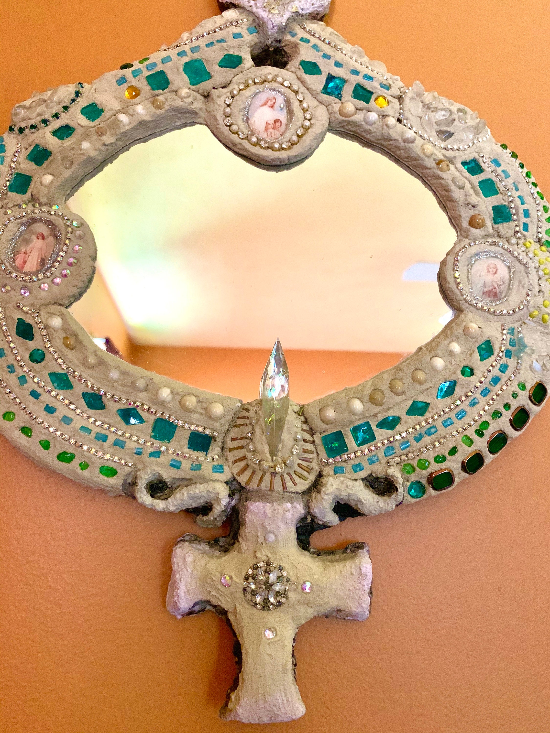 Guardian Angel Mirror Cross Mirror Rustic Concrete Spiritual Etsy