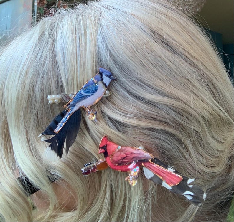 May include: Two hair clips featuring bird designs. The top clip is a blue jay with blue, white, and black feathers and iridescent accents. The bottom clip is a red cardinal with red, black, and white feathers and small sparkling crystal embellishments.