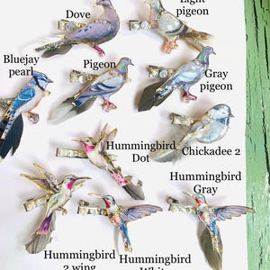 May include: A collection of bird-shaped hair clips featuring various species including doves, pigeons, bluejays, chickadees, and hummingbirds. Each clip is adorned with small decorative beads and real feathers, labeled with names like Dove, Pigeon, Bluejay pearl, and Hummingbird.