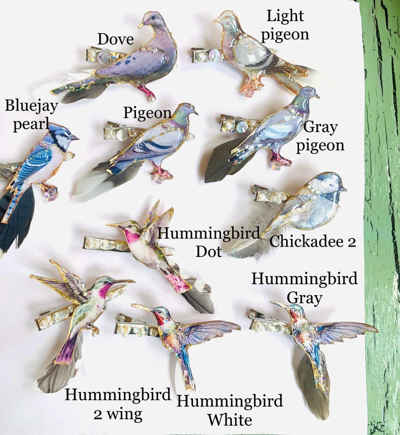 May include: A collection of bird-shaped hair clips featuring various species including doves, pigeons, bluejays, chickadees, and hummingbirds. Each clip is adorned with small decorative beads and real feathers, labeled with names like Dove, Pigeon, Bluejay pearl, and Hummingbird.