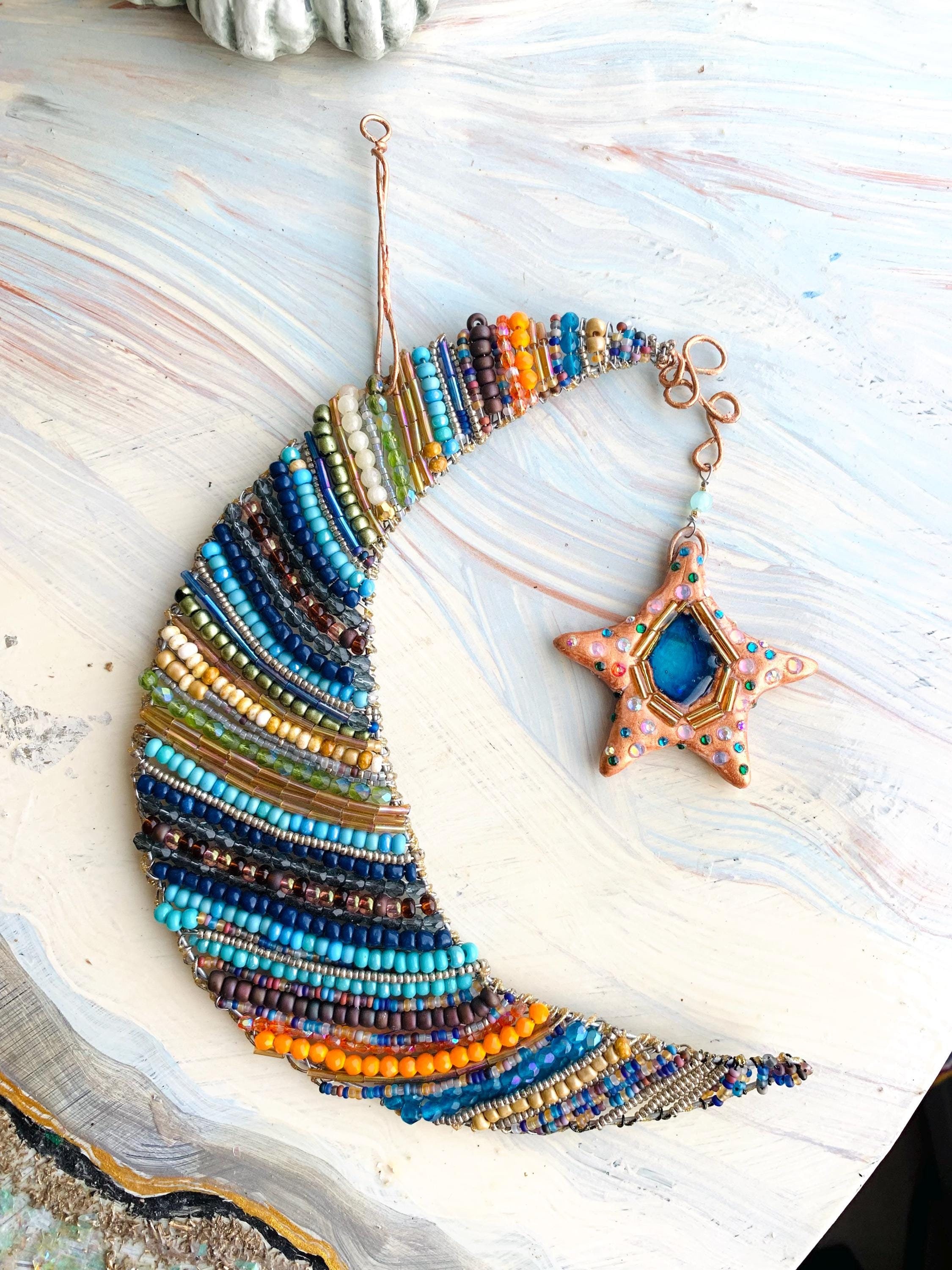 ハンドメイドアクセサリー moon様☆ Beaded Moon Ornament Moon Decoration Kids Room Decor Blue Moon