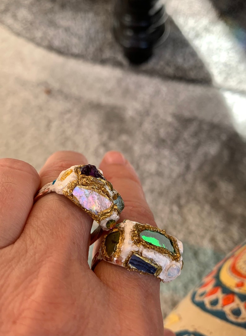 Blue Chunky Cement Rings Unique Statement Ring Big Ring Labradorite Ring Mosaic Ring Artisan Ring Green glass