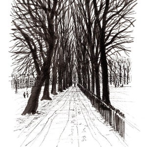 Harrison Park in the Snow, Edimburgo. Una stampa firmata in un supporto di cartone e una custodia protettiva. Da un disegno originale a china.