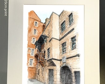 Riddle's Court, the Royal Mile, Edinburgh. A signed mounted print from an original ink and watercolour sketch by EdinburghSketcher