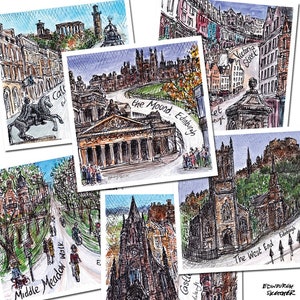 6 x cartes-cadeaux d’Édimbourg, illustrées par Edinburgh Sketcher. Inc 6 scènes de la ville, chaque carte carrée de 14cm est livrée avec une enveloppe blanche.