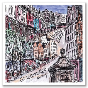 Grassmarket e Victoria Street, Edimburgo, Scozia - Un biglietto d'auguri quadrato singolo 14cm x 14cm con busta bianca e manica riciclabile.