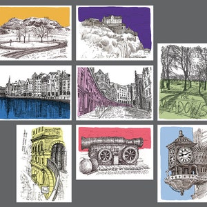 8 x Edinburgh geïllustreerde cadeaukaarten.  Blanco van binnen: elke A6-kaart wordt geleverd met een witte envelop