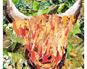 Collage Cow. A highland coo created from mixed media and then printed on high quality paper. Each one mounted and signed.