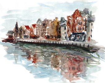 Leith, Edinburgh. A signed print from an ink and watercolour painting drawn on location by the Shore.