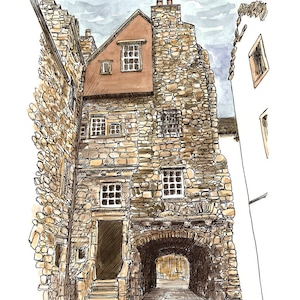 Bakehouse Close, Edimburgo, Scozia. Una stampa di alta qualità firmata di uno schizzo originale a inchiostro e acquerello. Fornita con cornice in cartoncino.
