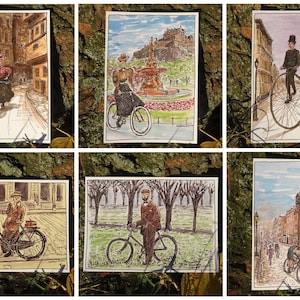 Seis cartões postais ilustrados com o tema do Ciclo Vitoriano de Edimburgo do Edinburgh Sketcher. Pack de 6 cartões ilustrados diferentes A6 (105x148mm)