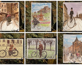 Seis postales ilustradas con temática del Ciclo Victoriano de Edimburgo de Edinburgh Sketcher. Paquete de 6 postales ilustradas diferentes de tamaño A6 (105 x 148 mm).