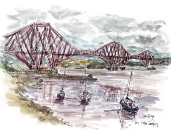 Forth Bridge with Boats. A signed print from an ink and watercolour sketch drawn from North Queensferry harbour, Scotland.