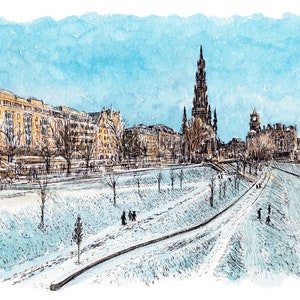 I giardini di Princes Street a Edimburgo sotto la neve. Una stampa di alta qualità firmata da uno schizzo a inchiostro e acquerello. Venduta con cornice in cartoncino.