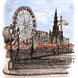 The Mound at Christmas, Edinburgh, Scotland. A signed print from a watercolour painting.