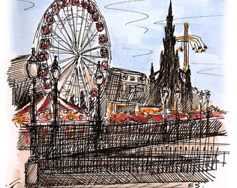 The Mound at Christmas, Edinburgh, Scotland. With the Big Wheel, Scott Monument and Star Flyer. A signed print from a watercolour painting.