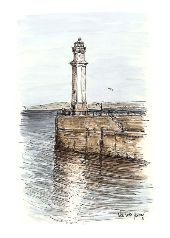 スコットランド、エディンバラのニューヘイブン灯台。港。現地で描かれ
