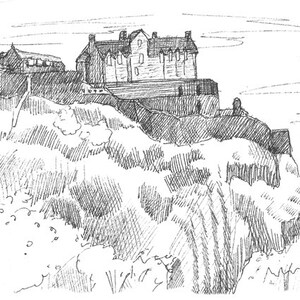 Castello di Edimburgo. Una stampa firmata dall'Edinburgh Sketcher, in una cornice di cartone e una custodia protettiva.