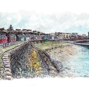 Wardie Bay colourful houses, Edinburgh, Scotland. A mounted signed print from an original ink and watercolour sketch drawn on location